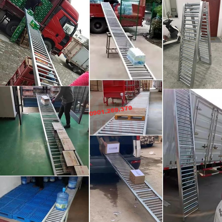 thang lăn inox chuyển hàng từ xe tải xuống