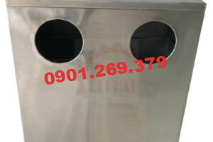 thùng rác inox công nghiệp 2 ngăn lỗ tròn